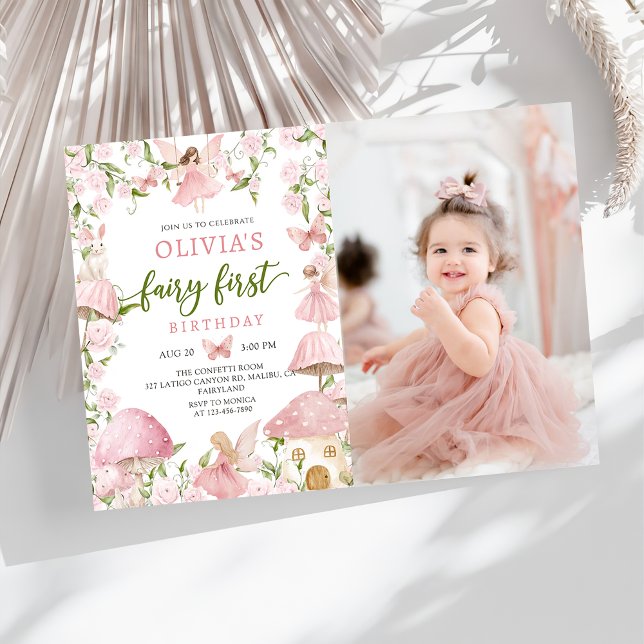 Invitation Pink Magical Forest Fairy First Birthday Photo (Créateur téléchargé)