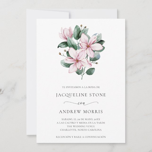 Invitation Pink Magnolia Floral Élégant Mariage espagnol (Devant)