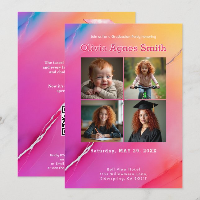 Invitation Pink Marble Milestone Collage QR Code (Devant / Derrière)