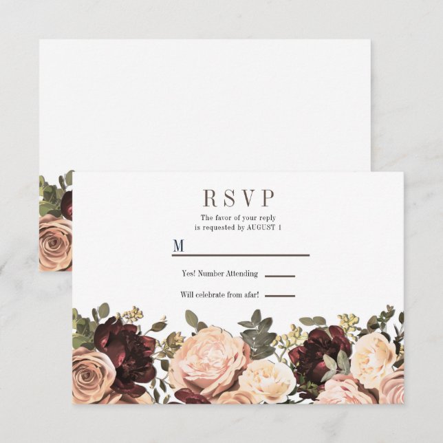 Invitation Pink & Maroon Floral Greenery Feuille Mariage RSVP (Devant / Derrière)