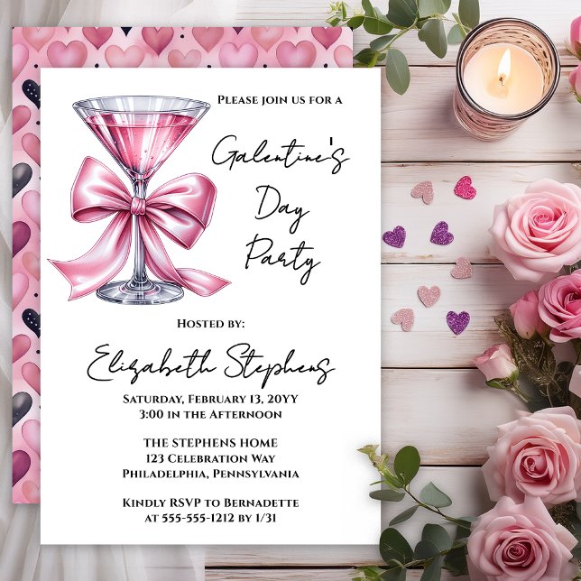 Invitation Pink Martini Coquette Bow Galantine's Day Party (Galentine’s Day Party Invitation | Pink Martini Bow Coquette Valentine Invite -- Print | Digital)