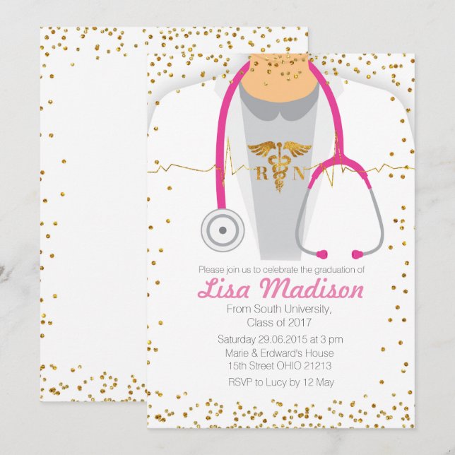 Invitation Pink Médicale Nursing Graduation Party (Devant / Derrière)