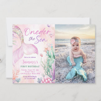Invitation Pink Mermaid 1st Birthday Oneder the Sea Photo