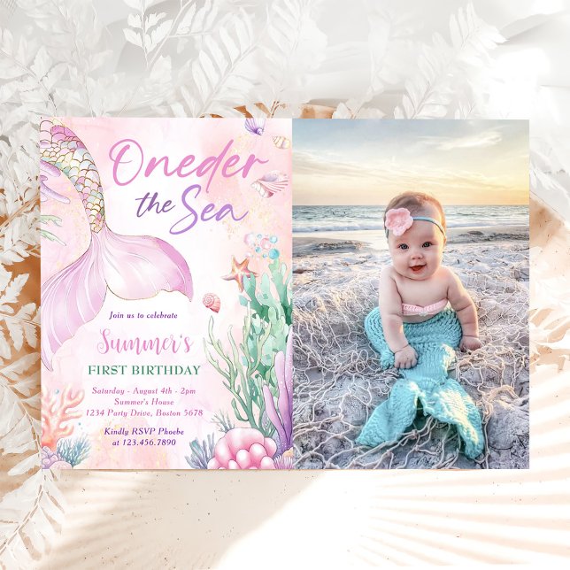Invitation Pink Mermaid 1st Birthday Oneder the Sea Photo (Créateur téléchargé)