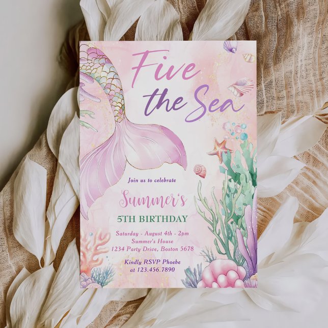 Invitation Pink Mermaid 5th Birthday Five the Sea Party  (Créateur téléchargé)