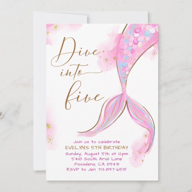 Invitation Pink Mermaid Dive En Cinq Anniversaire (Devant)