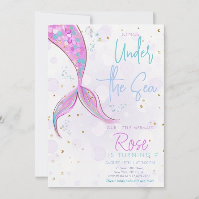 Invitation Pink Mermaid Tail Girl Anniversaire (Devant)