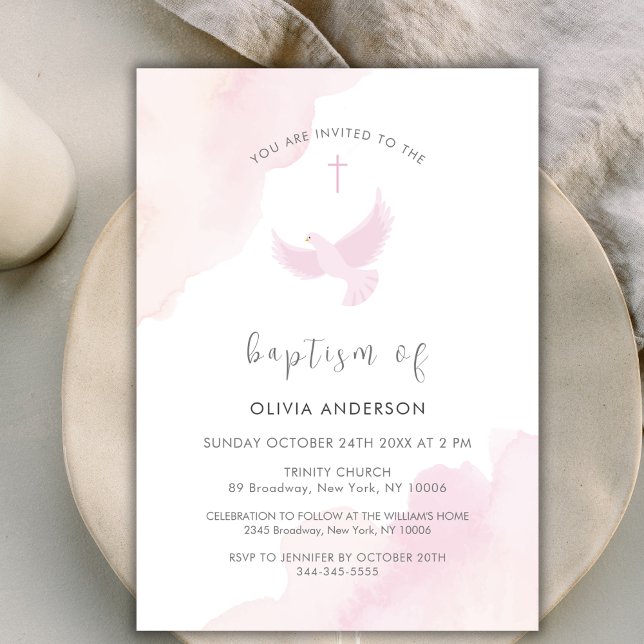Invitation Pink Minimal Aquarelle Dove Cross Girl Baptism (Pink Minimal Watercolor Dove Cross Girl Baptism Invitation)