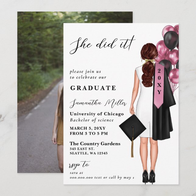 Invitation Pink Minimalist Photo Elle L'A Fait Graduation (Devant / Derrière)