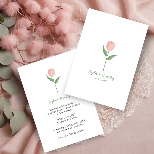Invitation Pink Minimalist Tulip (This minimalist design with a pink tulip is elegant and simple as the current trend in weddings.)