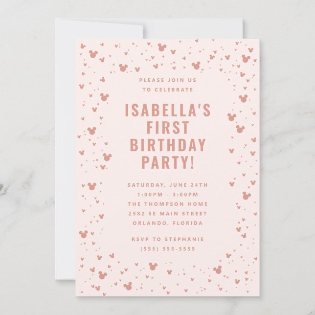 Invitation Pink Minnie Mouse Confetti Girl's premier annivers (Devant)
