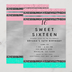 Invitation Pink Mint Green & Silver Parties scintillant Sweet