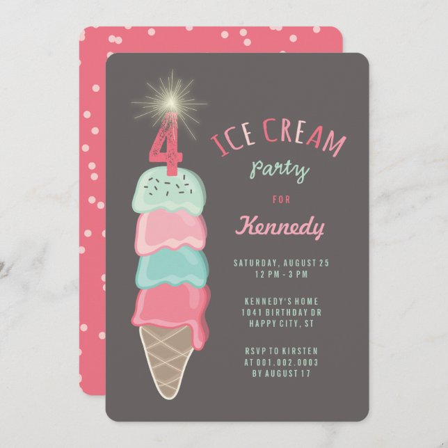 Invitation Pink Mint Ice Cream Girl 4e anniversaire Invitatio (Devant / Derrière)