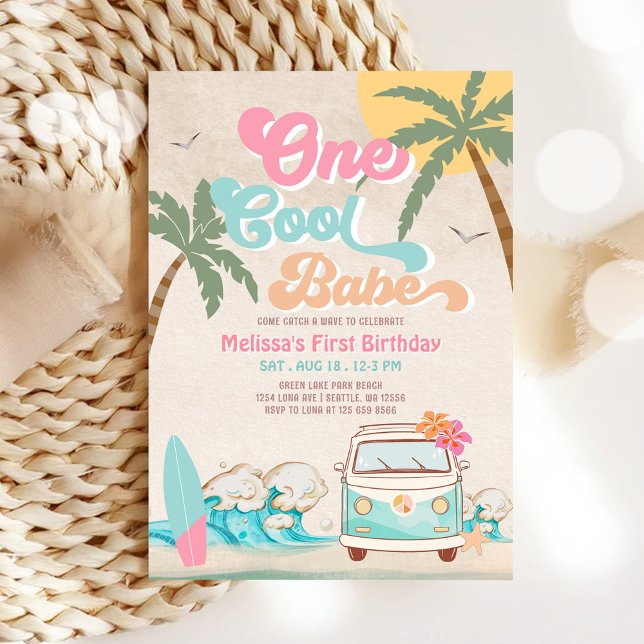 Invitation Pink Mint One Cool Babe Surfing 1er anniversaire (Créateur téléchargé)