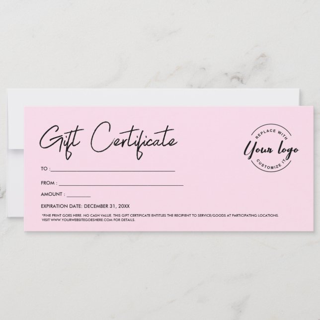 Invitation Pink Modern Script Custom Logo Certificat cadeau L (Devant)
