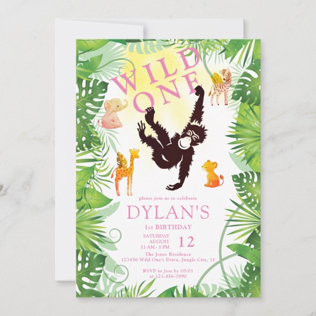 Invitation Pink Monkey Wild One Jungle Safari fille 1er Anniv (Devant)