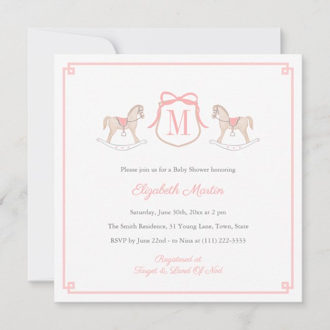 Invitation Pink Monogram Rocking Horse Baby Girl Shower (Devant)
