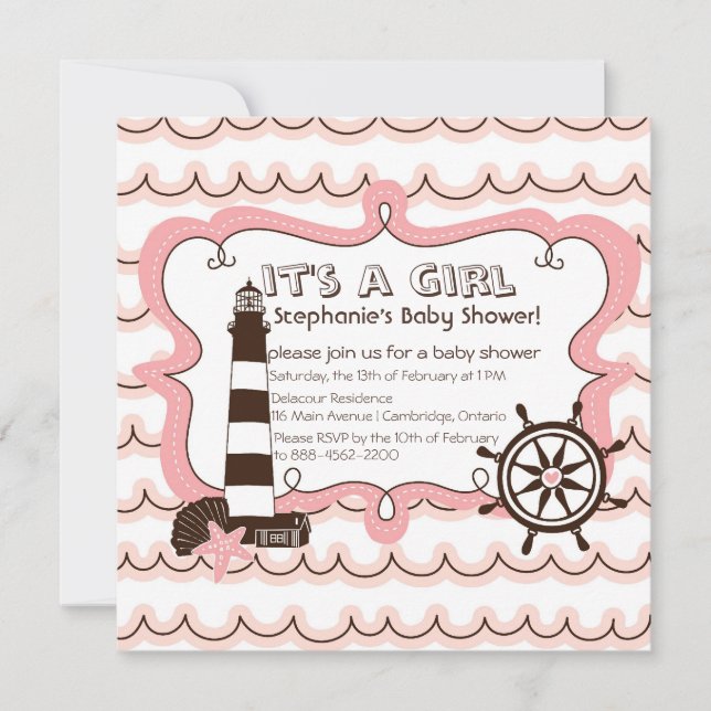 Invitation Pink Nautical C'est une fille Baby shower Invitati (Devant)