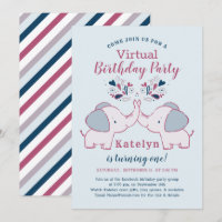Pink & Navy adorable Elephant Virtual Birthday Par