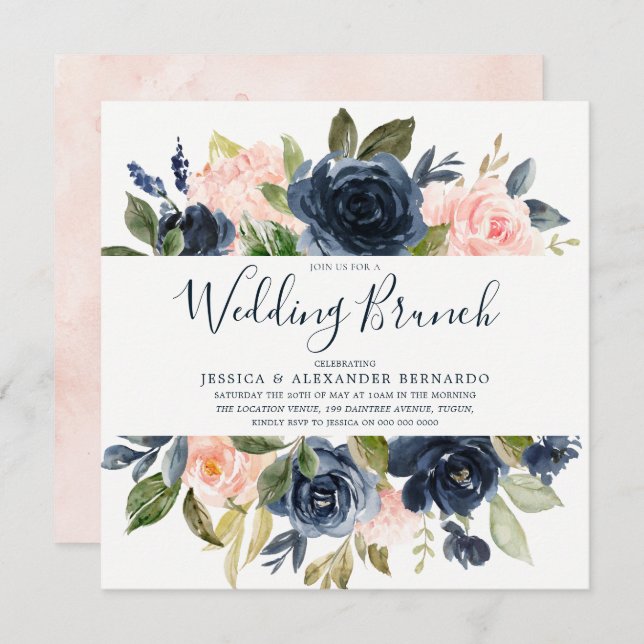 Invitation Pink & Navy Blue Watercolor Fleurs Mariage Brunch (Devant / Derrière)