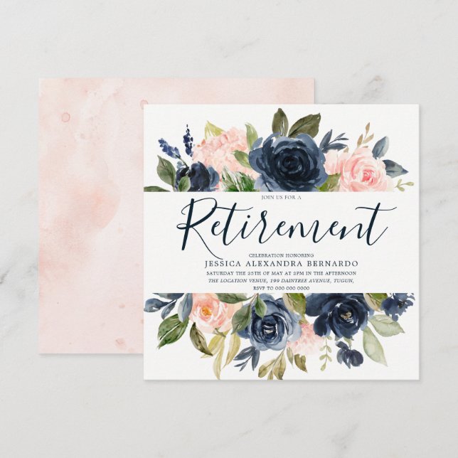 Invitation Pink Navy Blue Watercolor Flowers Retraite (Devant / Derrière)