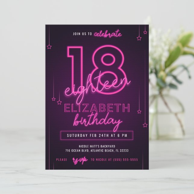 Invitation Pink Neon 18e fête d'anniversaire Faisons de la fo (Debout devant)