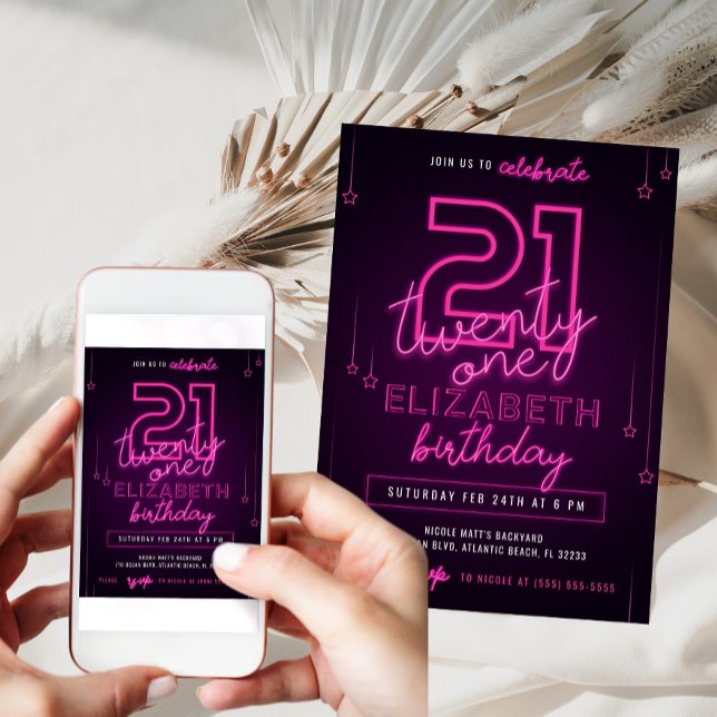 Invitation Pink Neon 21e fête d'anniversaire Faisons de la fo (Créateur téléchargé)