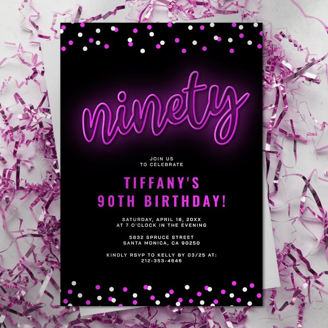 Invitation Pink Neon adulte 90e fête d'anniversaire (Créateur téléchargé)