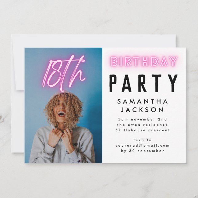 Invitation Pink Neon Elegant Ombre 18E Anniversaire Photo (Devant)