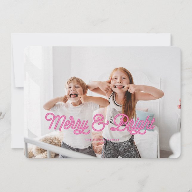 Invitation Pink Neon Merry & Bright Christmas Card (Devant)