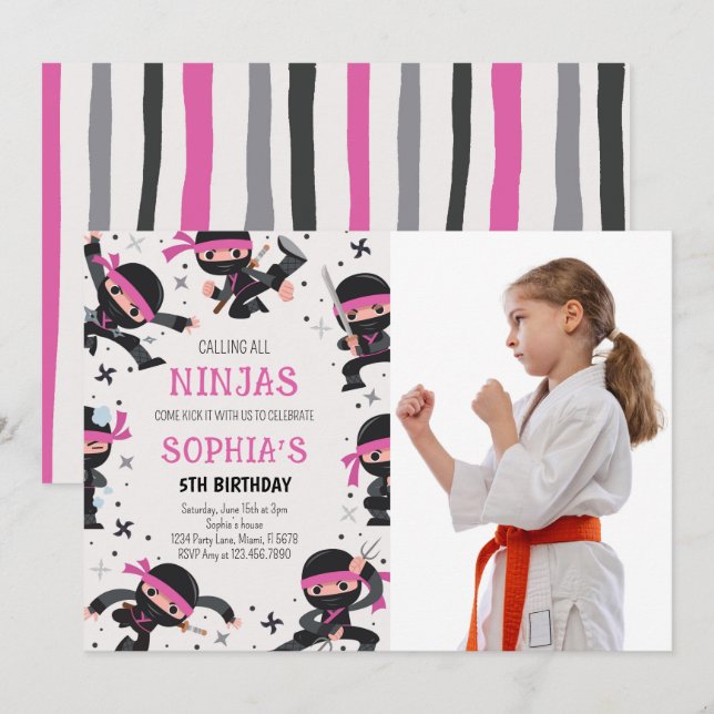 Invitation Pink Ninja Guerrier Arts Martiaux Photo Anniversai (Devant / Derrière)