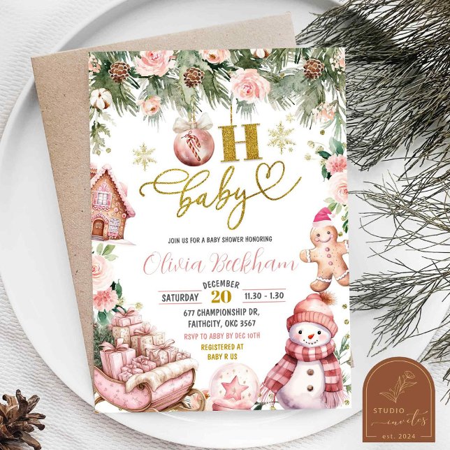 Invitation Pink Noël Floral Sleigh Oh Baby shower (Créateur téléchargé)