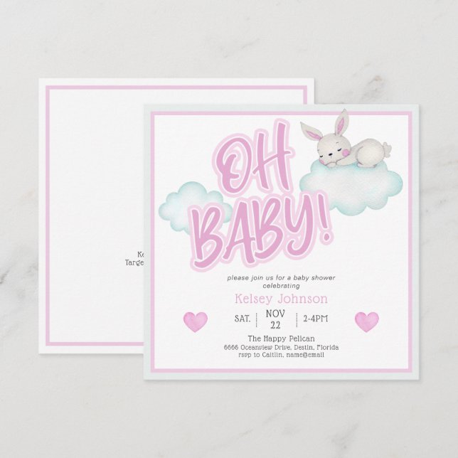 Invitation Pink Oh Baby Baby shower d'animaux de bois (Devant / Derrière)
