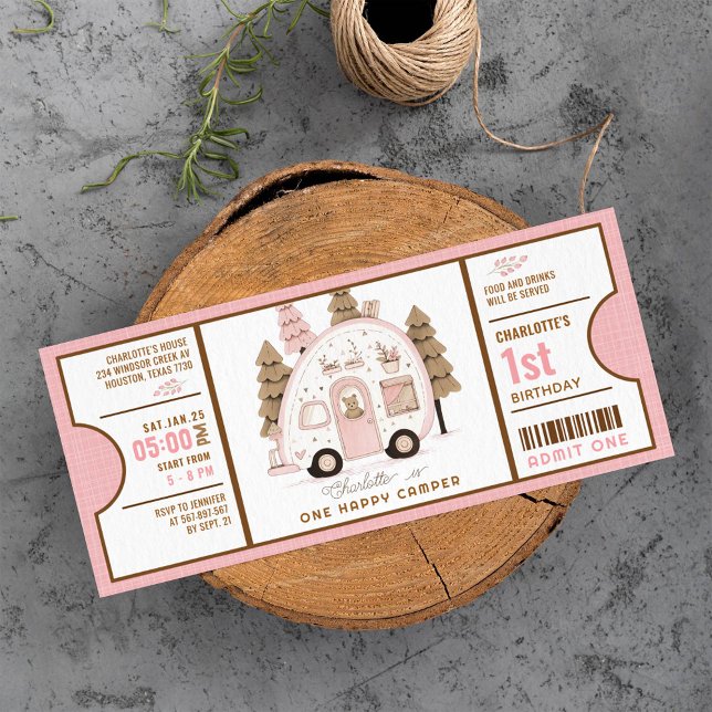 Invitation Pink One Happy Camper Premier billet d'anniversair (Créateur téléchargé)