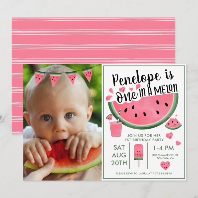 Invitation Pink One In A Melon Photo Girl's 1st Birthday (Devant / Derrière)