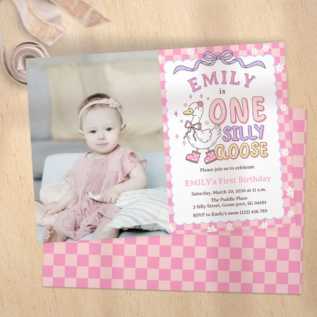 Invitation Pink One Silly Goose - Girl First Birthday Photo (Pink One Silly Goose - Retro Girl First Birthday Photo Invitation.)