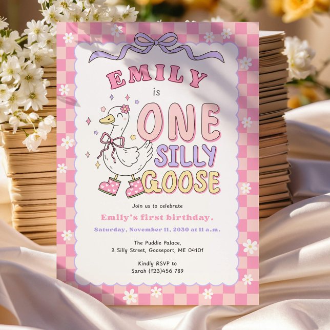 Invitation Pink One Silly Goose-Retro Girl First Birthday (One Silly Goose-Pink Retro Checkered Girl First Birthday Invitations)