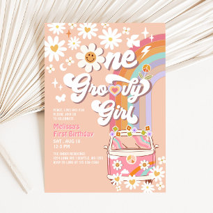 Invitation Pink One Super Girl Daisy Rainbow 1er anniversaire