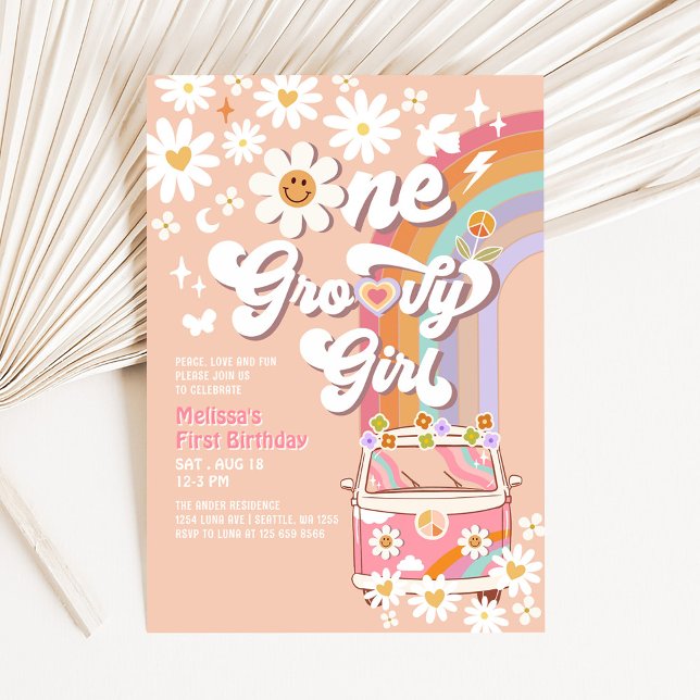 Invitation Pink One Super Girl Daisy Rainbow 1er anniversaire (Créateur téléchargé)