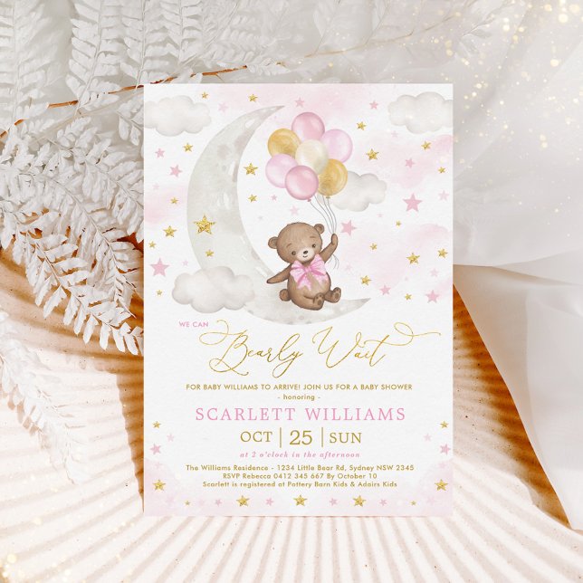 Invitation Pink Or Teddy Ours Lune Étoiles Bébé Fille Douche (Créateur téléchargé)