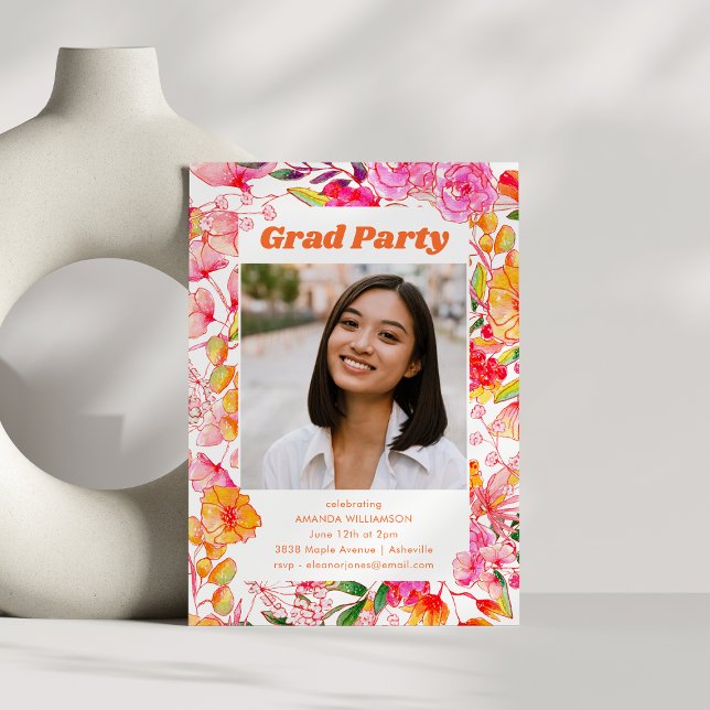 Invitation Pink Orange Aquarelle Fleurs Grad Party Photo (Créateur téléchargé)