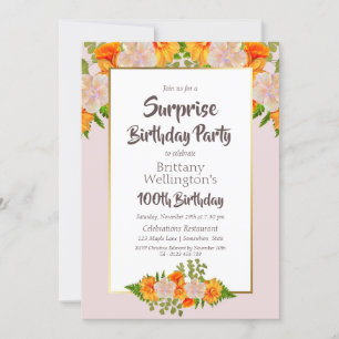 Invitation Pink Orange Floral Surprise 100e anniversaire