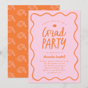 Invitation Pink Orange Hand Drag Squiggle Graduation Party