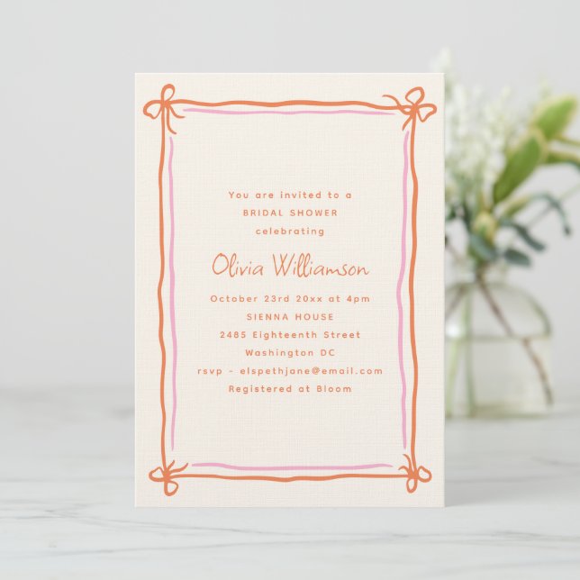 Invitation Pink Orange Whimsical Ribbon Bow Bridal Shower (Debout devant)