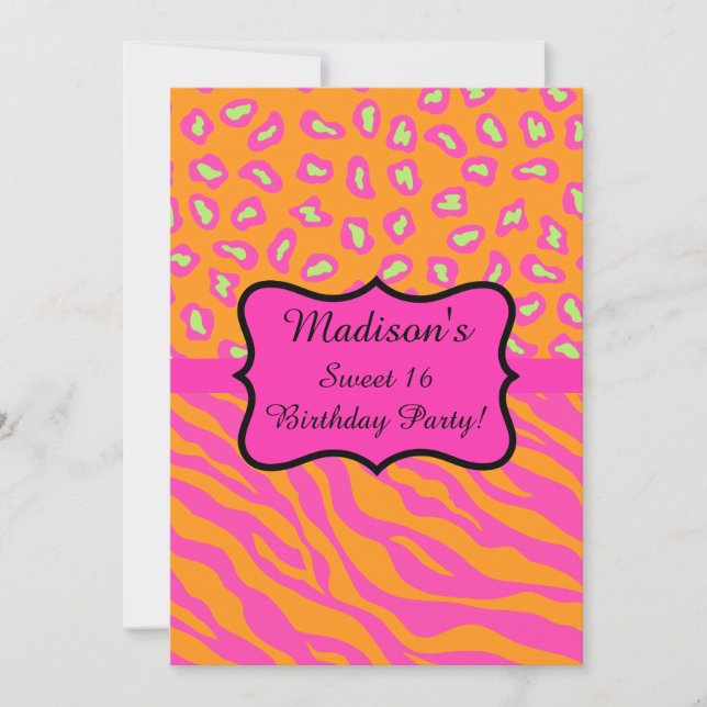 Invitation Pink Orange Zebra Leopard Sweet 16 Anniversaire (Devant)