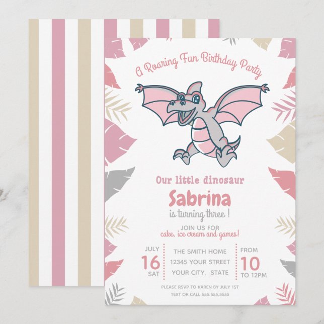 Invitation Pink Our Little Dinosaur fête d'anniversaire pour  (Devant / Derrière)