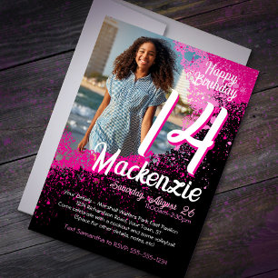Invitation Pink Paint Splatter Photo 14e anniversaire Invitat
