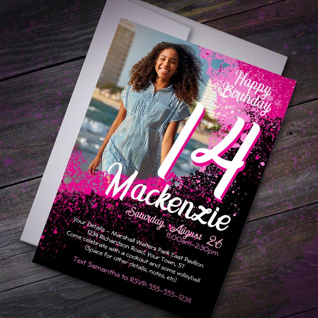 Invitation Pink Paint Splatter Photo 14e anniversaire Invitat (Créateur téléchargé)