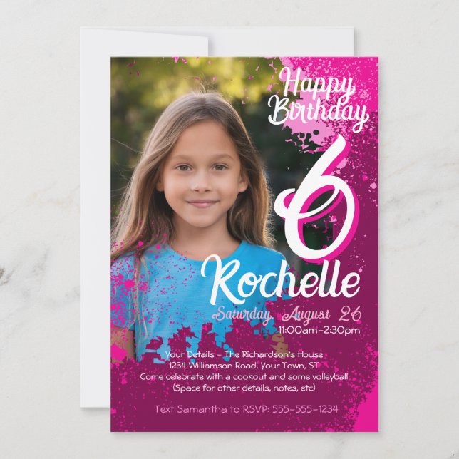Invitation Pink Paint Splatter Photo 6e anniversaire Invitati (Devant)