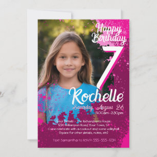 Invitation Pink Paint Splatter Photo 7e anniversaire Invitati